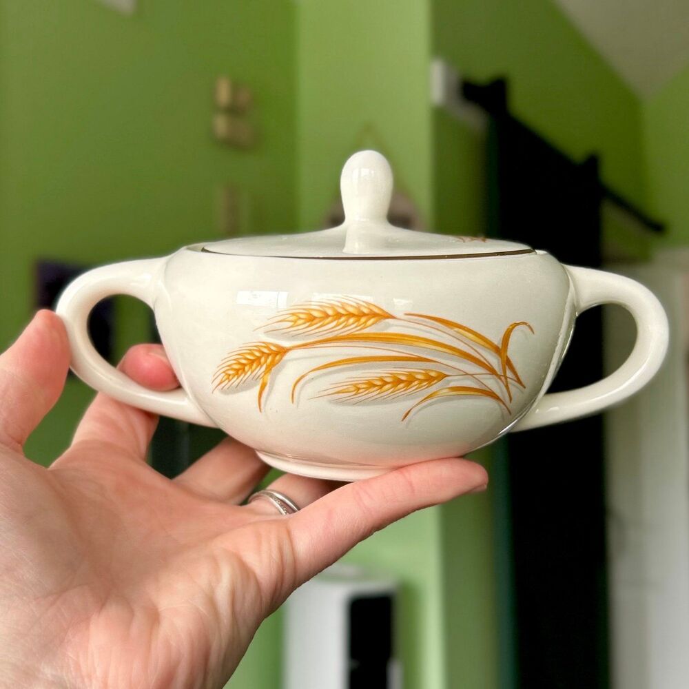 VTG Porcelain Wheat Design Farm Cottagecore Dainty Container Lid + Handles